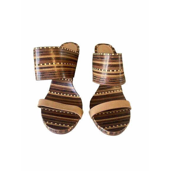 Vince Camuto Brown & Beige Becca Heel Slip On Leather Sandals Size 9 Wood tone - Picture 2 of 12